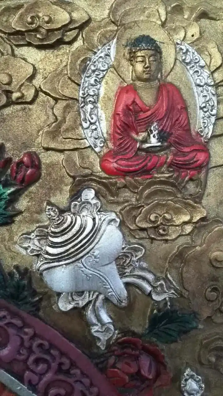 Tibet Wood Inlay Copper Painting Shakyamuni Amitabha Buddha Hang Wall Screen Buddhism Tathagata |