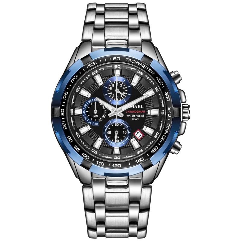 Silver Blue SAMEL часы мужские водонепроницаемые Chronogrph мужские часы люксовый бренд большой циферблат Кварцевые Спортивные Наручные Часы Relogio Masculino 9063 - Цвет: Silver Blue