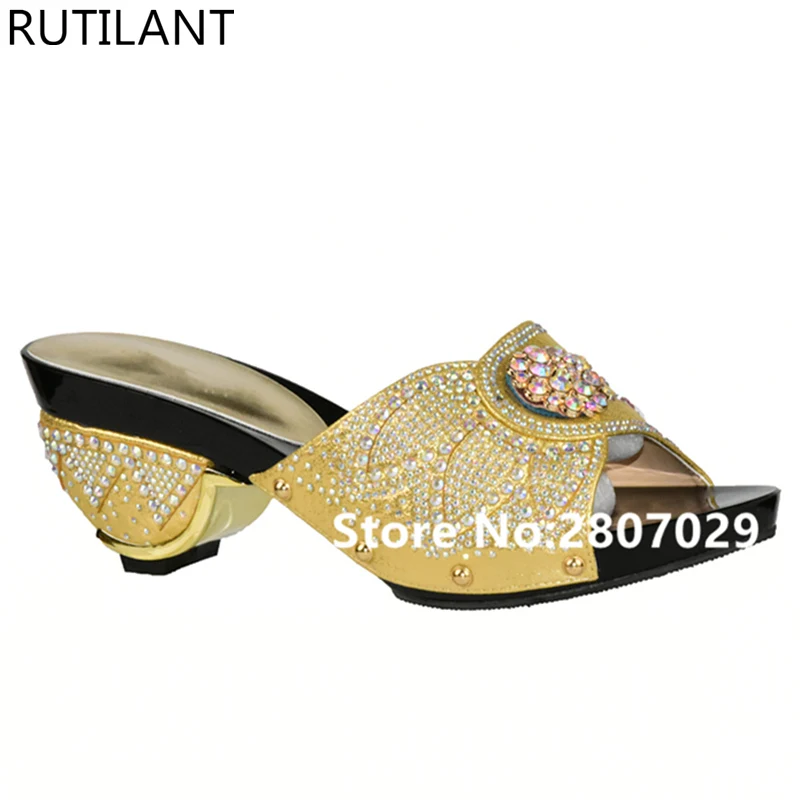 Новое поступление Женские итальянские свадебные туфли золотистого цвета в