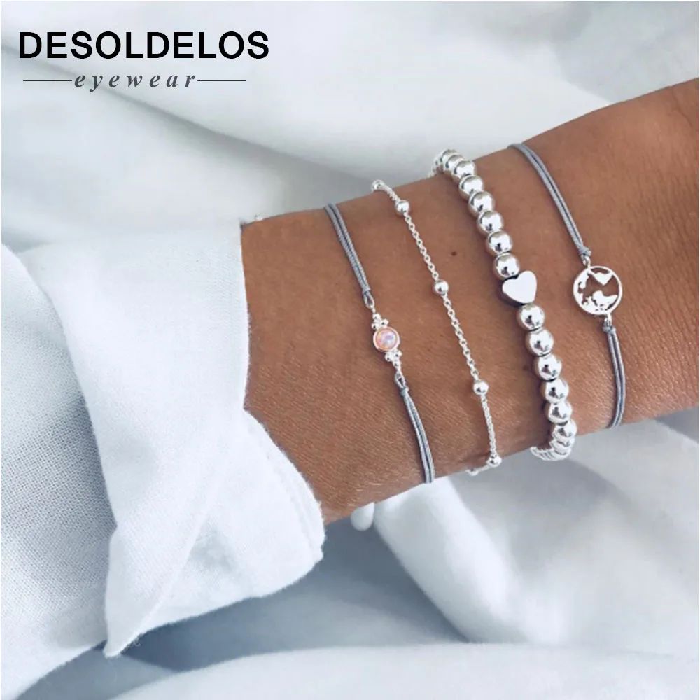 

4 Pcs/set Women's Gem Beads Heart Round Geometry Tassel Bracelet Set Bohemian Vintage Jewelry Accessories Gifts