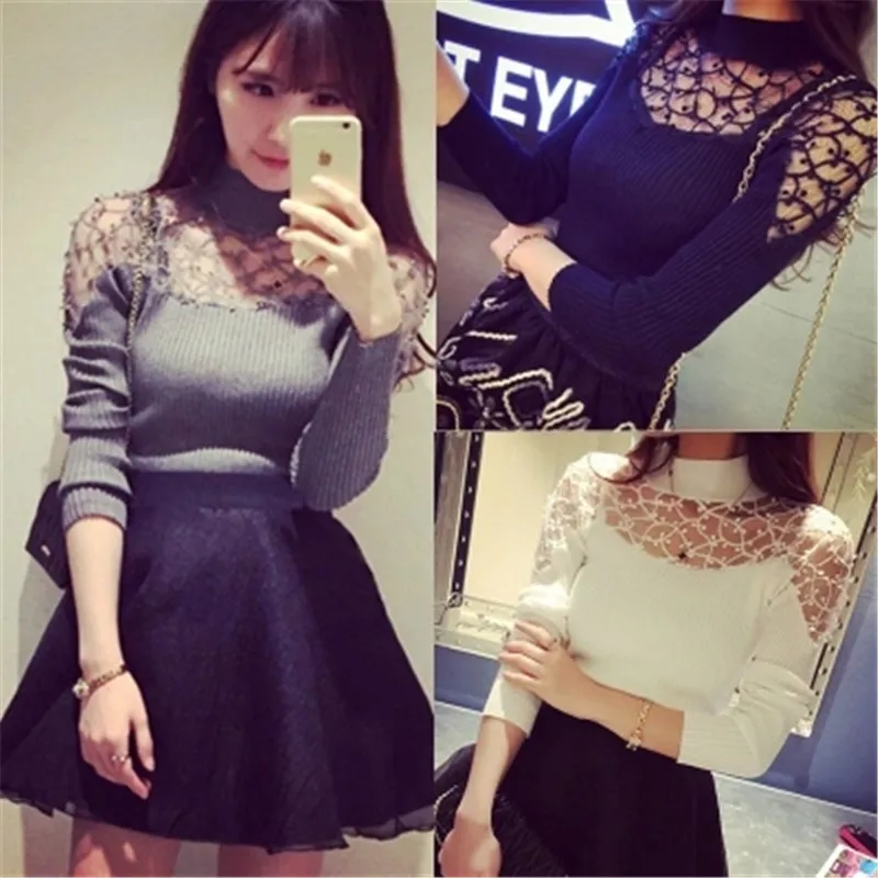 2022 Autumn Winter Women Sweater Turtle Neck Lace Knitted Pullover Female Sexy Knitwear Hollow Long Sleeve Suter Pull Femme | Женская