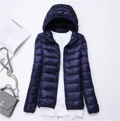 Dark blue Style 1 Новинка, ультра-светильник, утиный пух, куртки для женщин, с капюшоном, зимнее пальто, длинный рукав, теплый, тонкий, 6XL размера плюс, куртка, женская одежда - Цвет: Dark blue Style 1