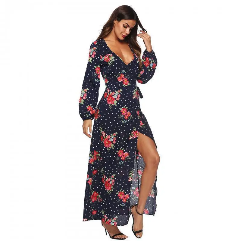 Sexy Deep V Bandage Chiffon Dresses 2019 Women's Spring New Fashion Flower Printed Vestidos Lantern Sleeves Irregular Long Dress | Женская
