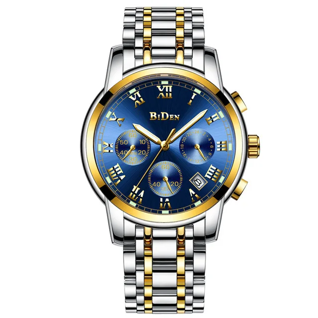 

BIDEN Brand Mens Quartz Watch Relogio Masculin True Three Eyes Chronograph Date Wristwatch Waterproof Luminous Calendar Clocks