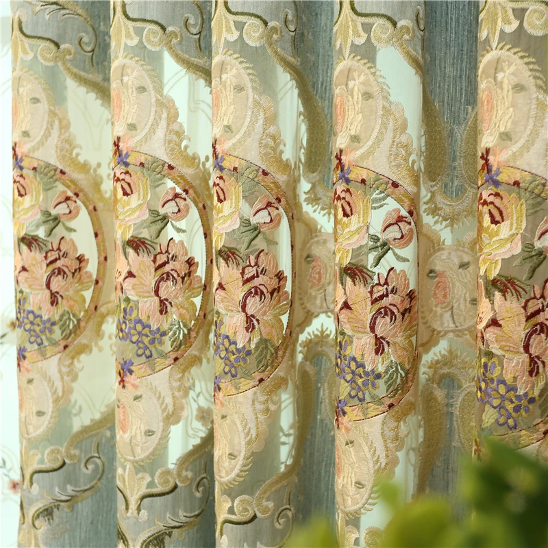 Высококачественные синие европейские вышитые шторы для гостиной с роскошным