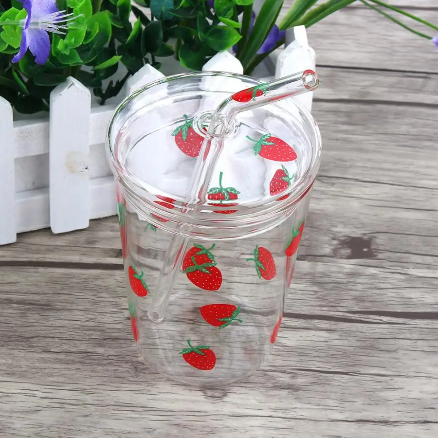 300ml Heat-Resisting Clear Lovely Strawberry Pattern Coffee Juice Drinking Water Glass Cup with Straw Lid