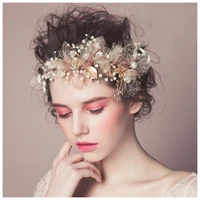 gorgeous pink pearl flower bridal headband gold beaded leaf headband pearl head jewelry crystal tiara bridal wedding accessories
