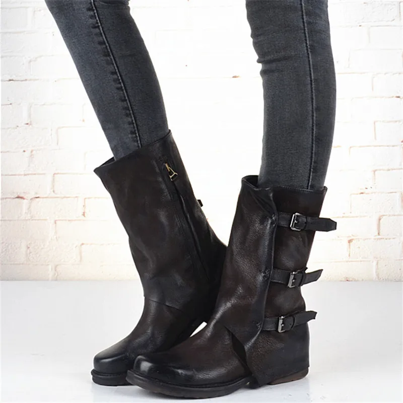 2017 Винтаж Женщин Сапоги Прохладный Мотоциклов Botas Mujer Пряжки Ботинес Новые Туфли