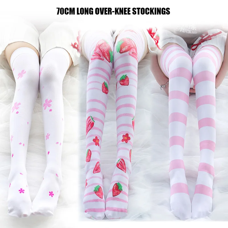 Супермилые очень длинные 70 см чулки выше колена с принтом клубника Сакура