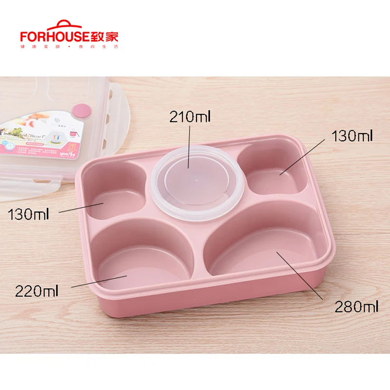 

5 grid Lunch Box Microwavable Bento Box Leak-Proof Portable Food Container Storage Box for Kids Soup Bowl and Spoon Large Size