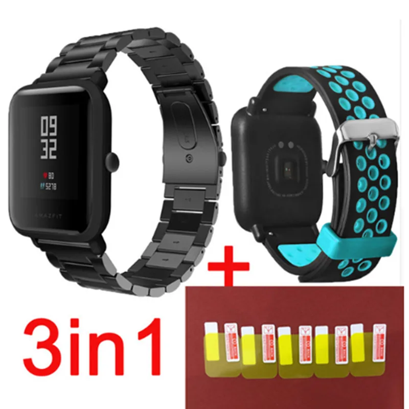 Black Blue 3в1 Для Xiaomi Huami Amazfit Bip маленькие умные часы ремешок металлический силиконовый ремешок+ Amazfit звуковой сигнал защита экрана - Цвет: Black Blue