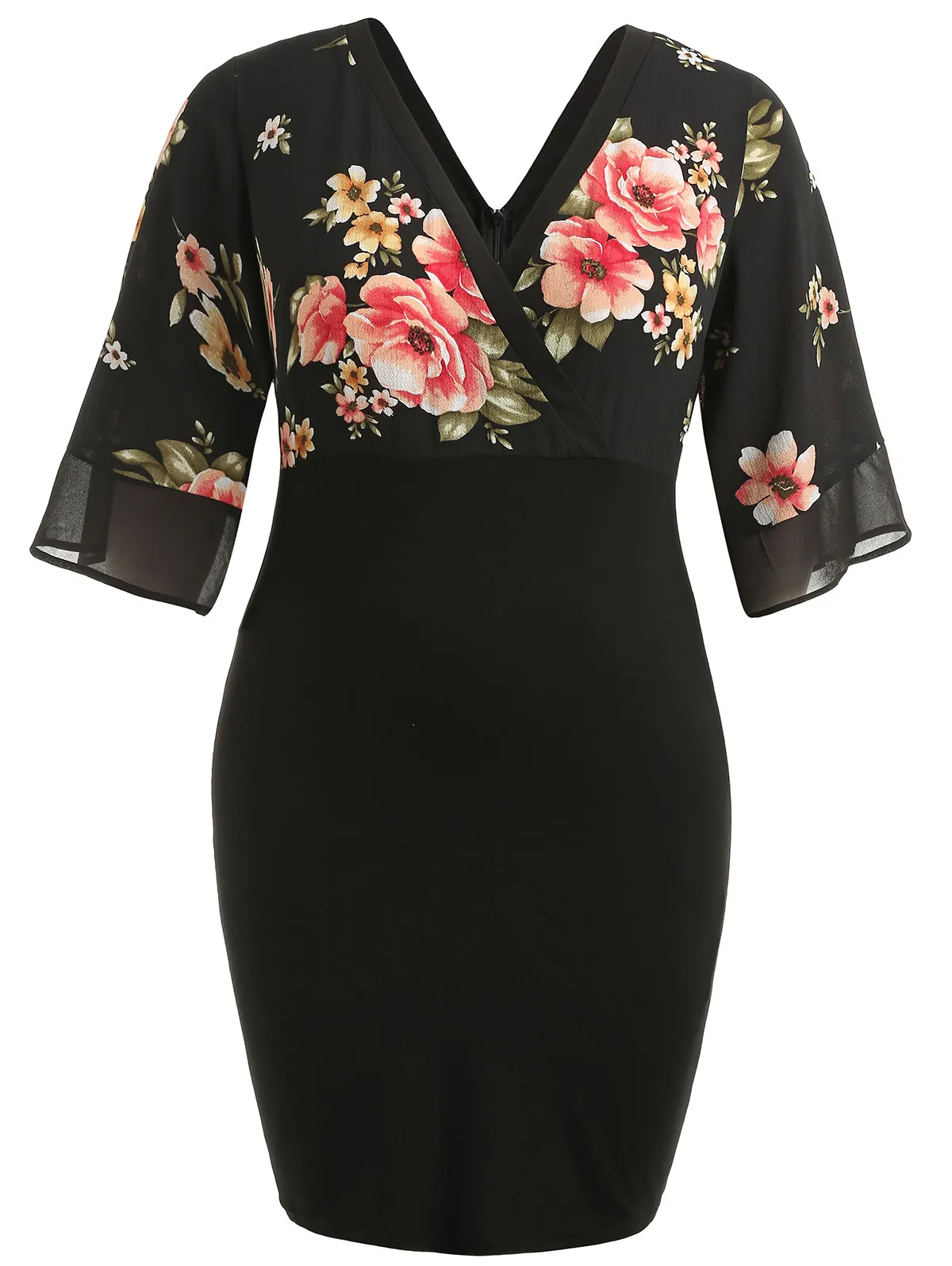 2018 Women Plus Size 5XL Bell Sleeve Low Cut Floral Dress Plunging Neck 3/4 Spring Dresses Party OL Casual Vestidos | Женская одежда