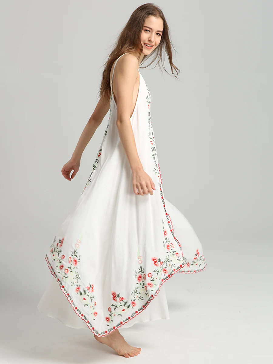 

Floral Embroidery Big Hem Maxi Dress Women Summer Sleeveless Strap V neck Sexy White Dresses Boho Chic Beach Hippie Long Dress