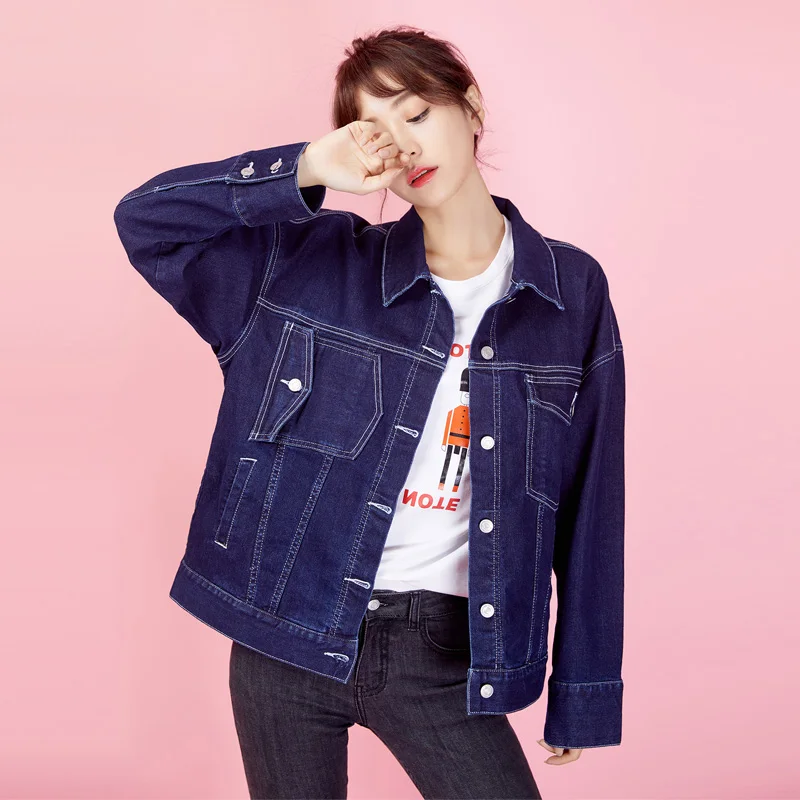 Женская джинсовая куртка LEIJIJEANS, повседневная синяя свободная куртка большого размера, с отложным воротником, рукавами полной длины простая верхняя одежда, весна-осень