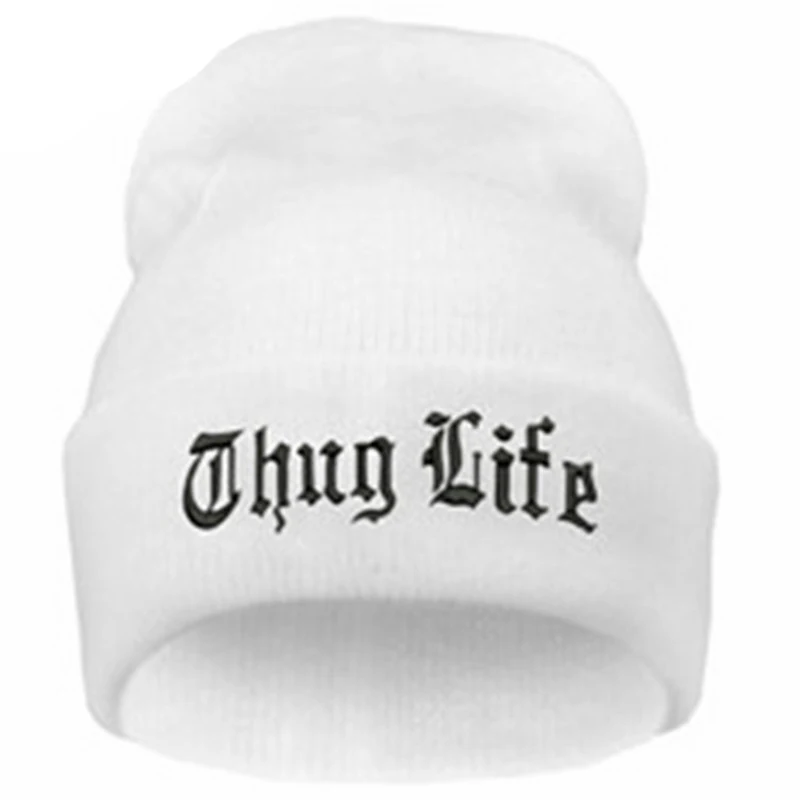 Черная шапка с надписью для мужчин THUG LIFE, шерстяные вязаные шапки, мужские и женские зимние шапочки с черепами, Женские повседневные Шапки, Шапки - Цвет: White Black