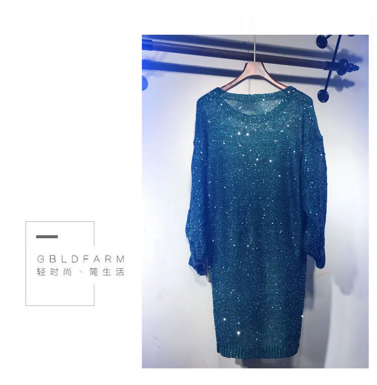Cakucool блестками мини-платье с длинными рукавами на весну Бисер Vestidos Блестящий Золотой Люрекс Big с О-образным вырезом Повседневное сексуальные свободные трикотажные платья