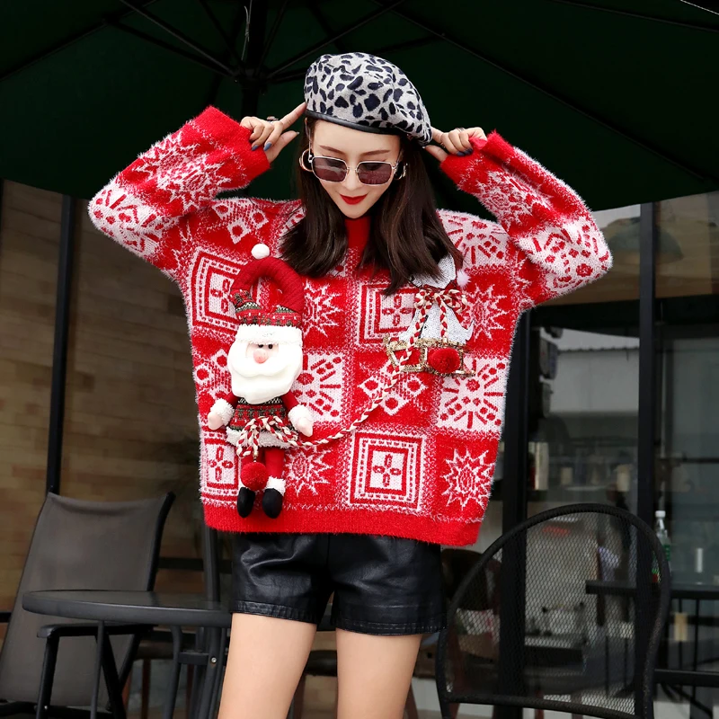 2018 autumn and winter new loose thick ladies sweater geometric pattern Christmas women's knitted jacket coat tide | Женская одежда