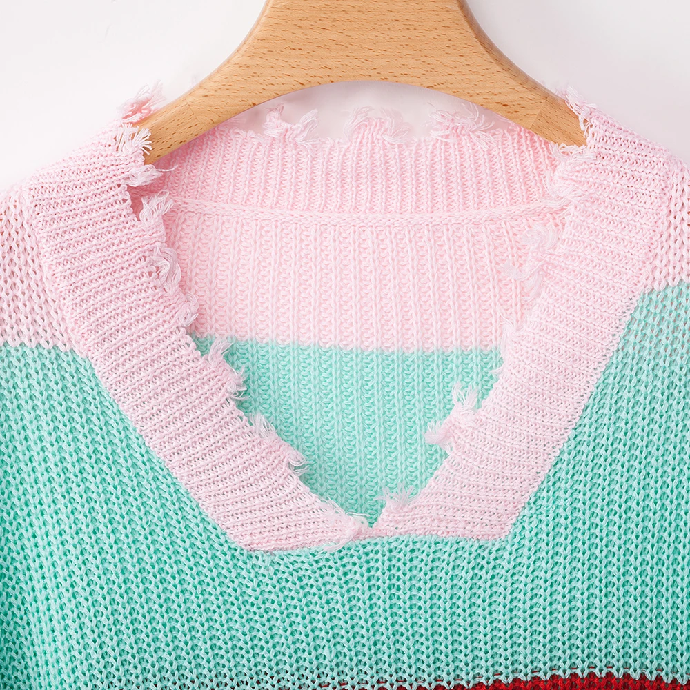 Rainbow Sweater Women Ripped V Neck Pullover and Sweater Long Sleeve Striped Autumn Knit Sweater