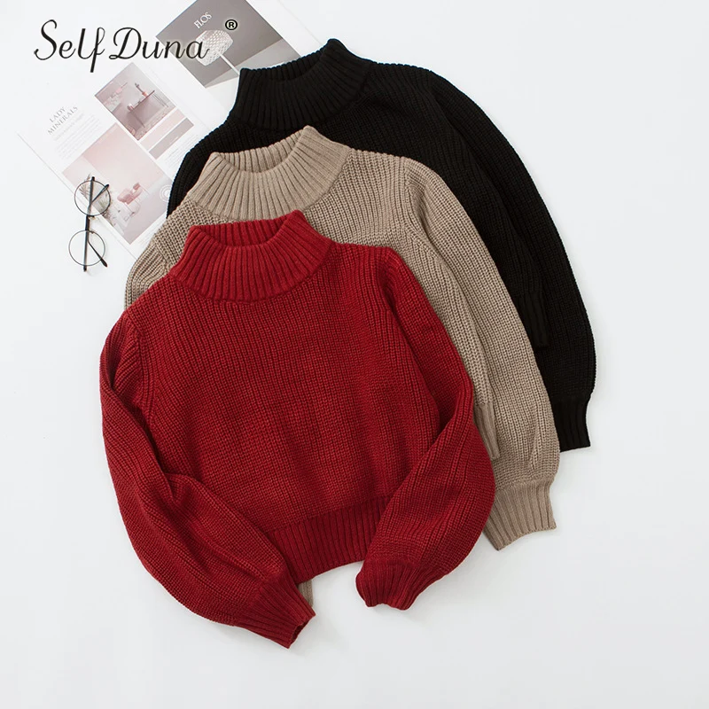 Self Duna 2018 Autumn Winter Half Turtleneck Sweater Soft Warm Knitted Pullover Red Grey Balck Casual Women Jumper | Женская одежда