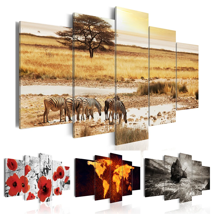 

Animal Flower Sailboat World Map 5pcs Canvas Painting Wall Art Decor Oil Picture on Canvas for Home Living Room Decor No Frame