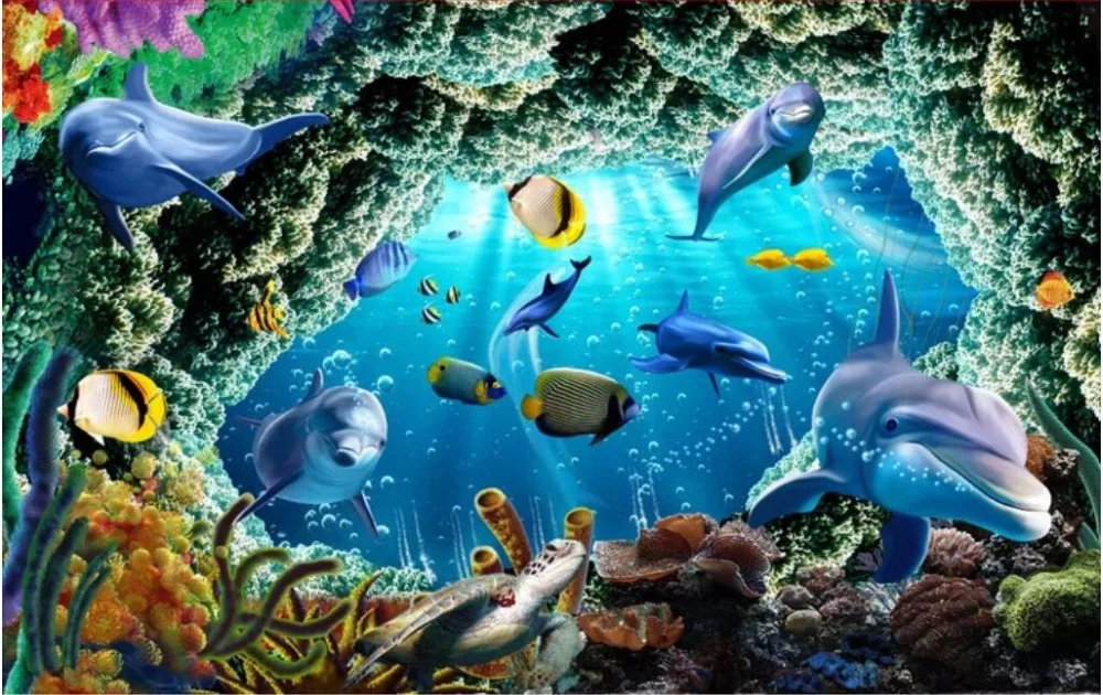 3d обои на заказ морская пещера дельфин коралловая рыба домашний декор стену
