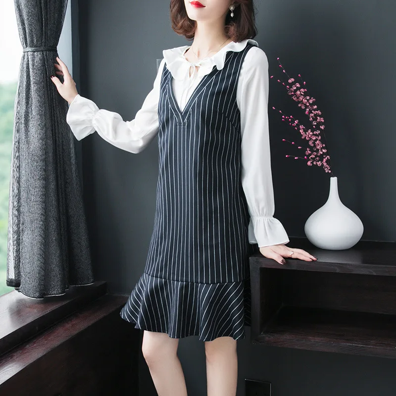 Женский комплект одежды сарафан в полоску + белая шифоновая рубашка с