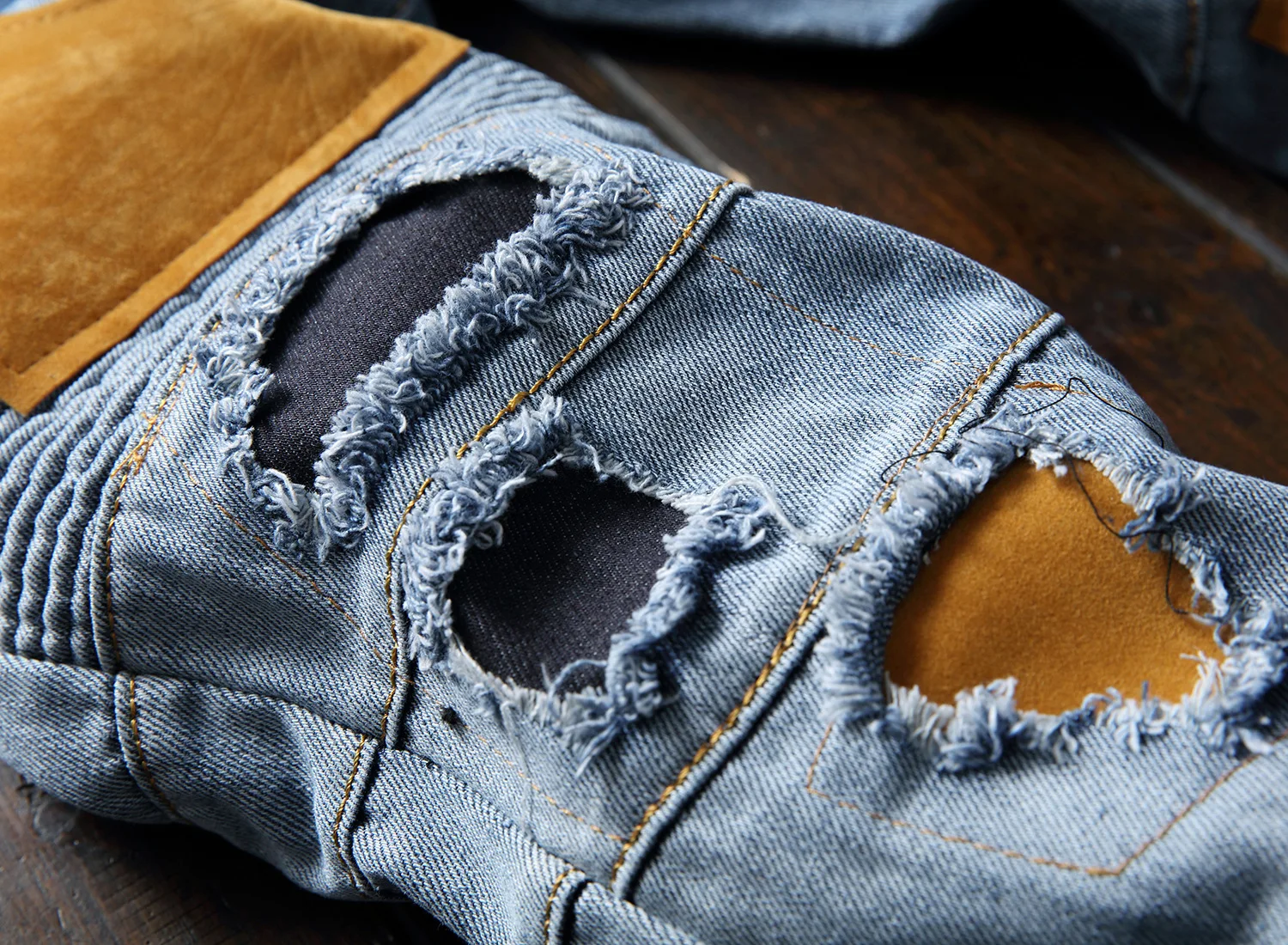 QMGOOD Men's Jeans Patch Stitching Ripped Denim Hip Hop Male Straight Slim Beggar Hole Silm Pants Men Fashion | Мужская одежда