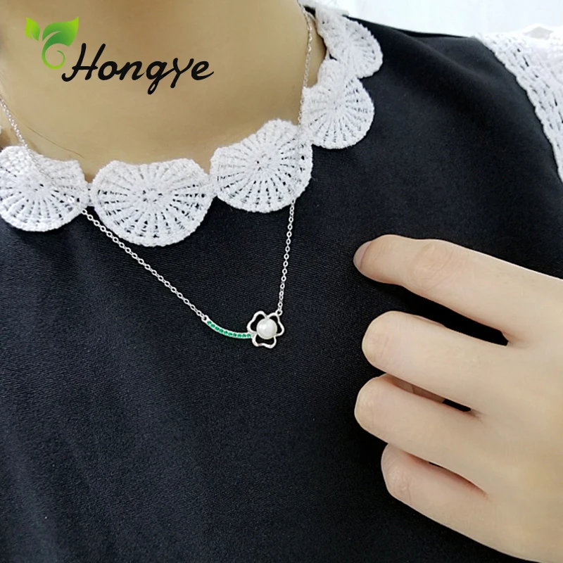 Hongye колье с натуральным жемчугом для женщин ажурные цветы из зеленого циркония