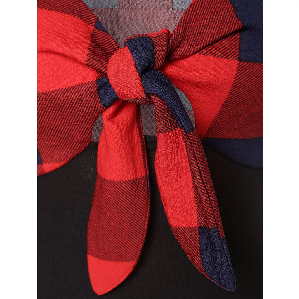 Женская футболка лето 2019 повседневная цветная блочная в клетку с бантом | одежда