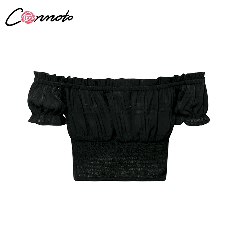 Conmoto Off Shoulder Sexy Womens Tops Shirts Solid Sexy Summer Female Shirt Tops Beach Ruffles Lace Up Crop Top Shirts