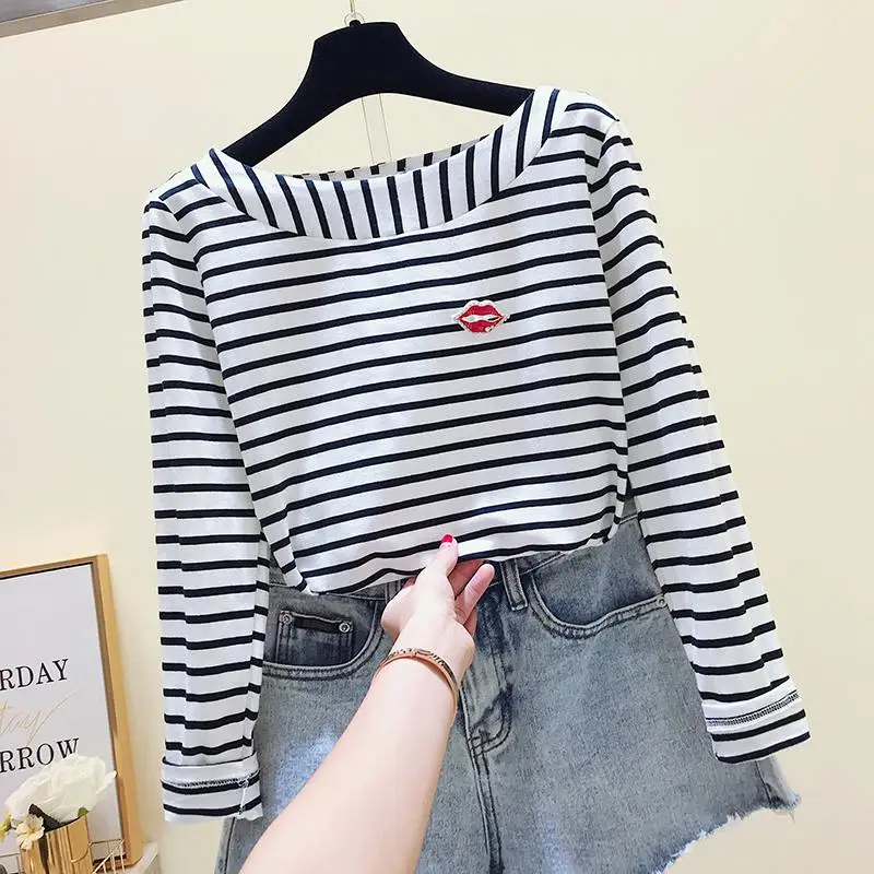 White Striped Хлопковая женская футболка, новинка, осенняя женская футболка с длинным рукавом и круглым вырезом, белая полосатая Повседневная Классическая футболка с рисунком губ - Цвет: White Striped