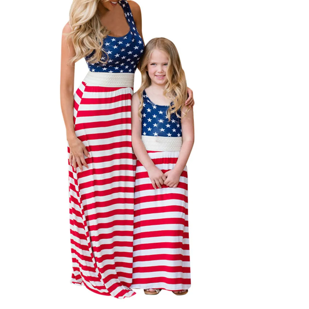 Baby summer dress Mommy Girl Family Summer Sleeveless Stripe Print 4th Of July Dress | Детская одежда и обувь