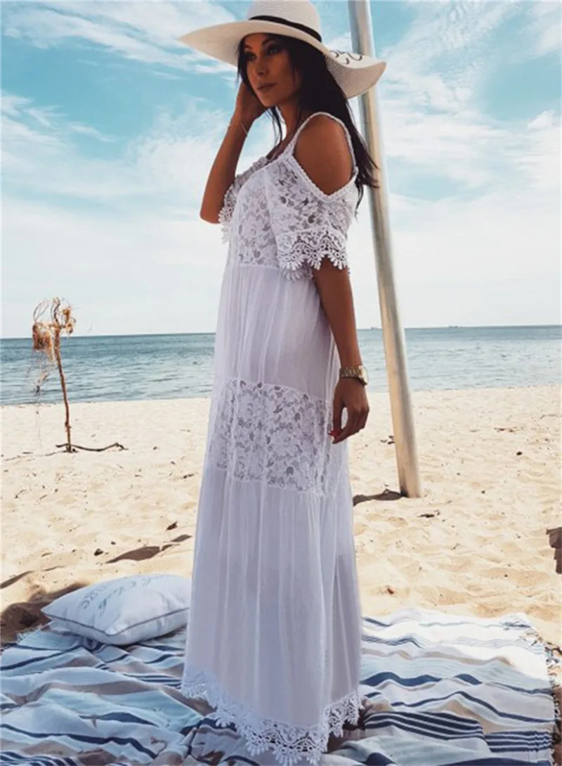 

2019 Cotton Patchwork Lace Beach Dress Long Beach Cover up Vestido Bathing suit Cover ups Beach Sarong Robe de Plage Tunic
