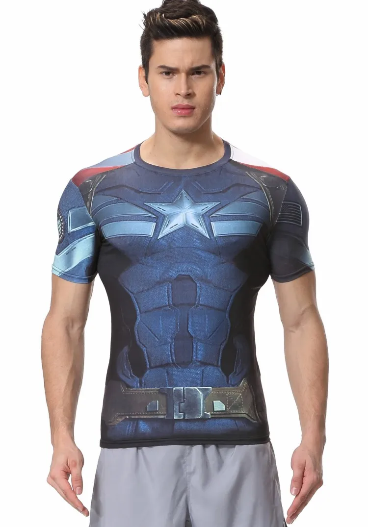 КРАСНЫЙ ШЛЕЙФА Для Мужчин's Спортивное компрессионное белье Marvel Comics эластичный с коротким рукавом Капитан Америка футболка
