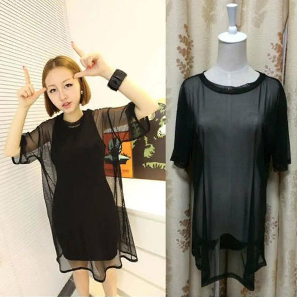 

Fashion Sexy Black See Through Mesh Nets Short Sleeve Oversize T-Shirt Tops
