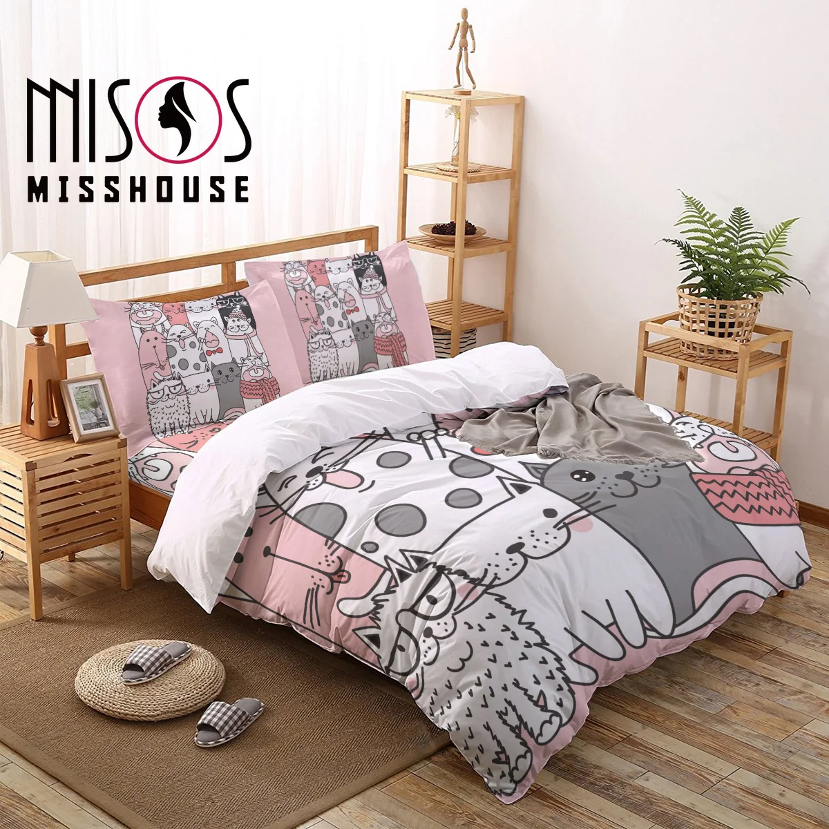 MISSHOUSE Cartoon Animal Cute Cats Duvet Cover Set Bed Sheets Comforter Pillowcases 4pcs Bedding Sets | Дом и сад