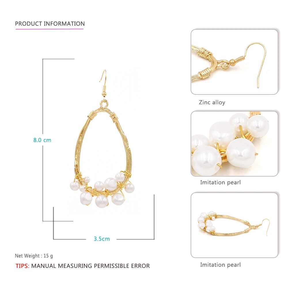 Vodeshanliwen Fashion Bohemian Water Drop Metal Twine Pearl Earrings For Women Vintage Statement Big 2019 New Jewelry | Украшения и