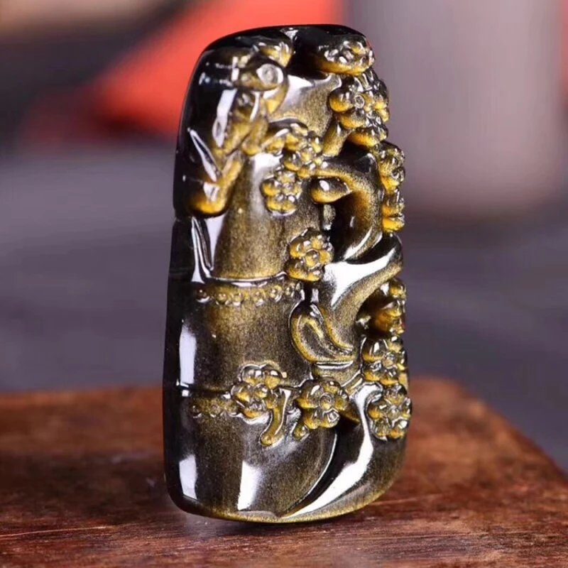 Оптовая продажа золотое черное ожерелье из натурального обсидиана резное с