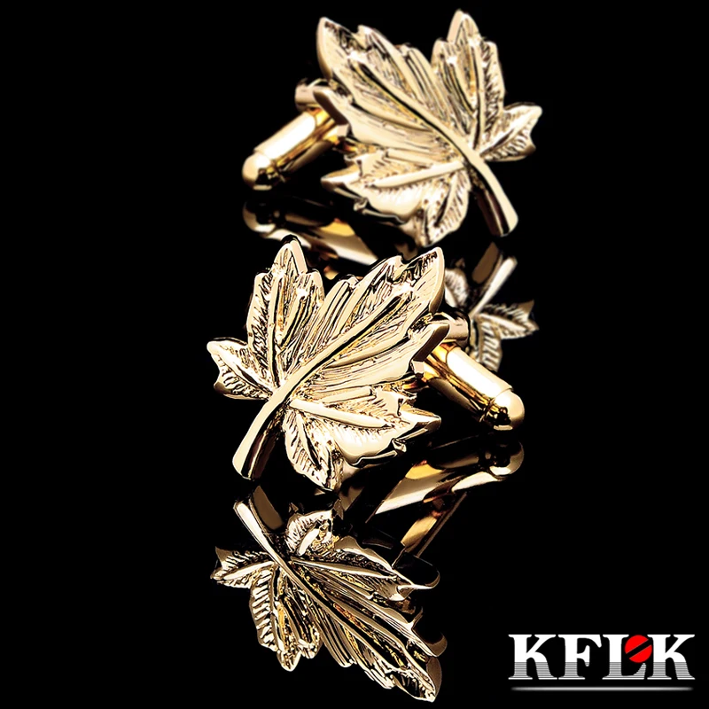 

KFLK Jewelry Light Yellow Gold Color shirt cufflinks for men Brand leaf Cuff links Wedding Buttons High Quality guests