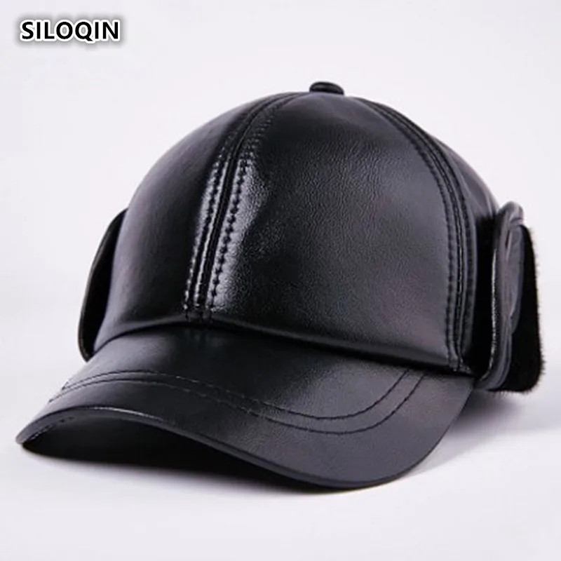 

Шапка из натуральной кожи SILOQIN, Мужская зимняя бейсболка из первого слоя овечьей кожи, утепленные наушники для мужчин среднего возраста, сох...