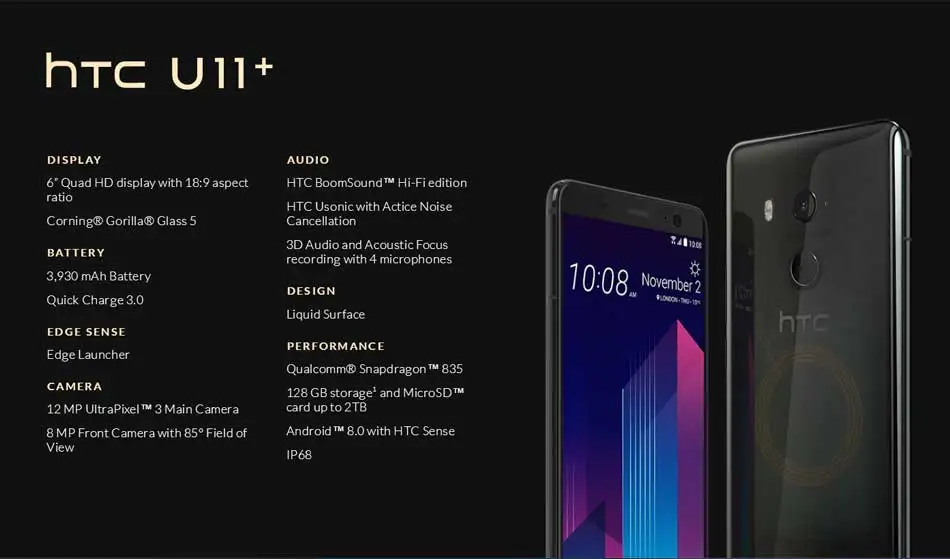 HK версия HTC U11 Plus U11+ 4G LTE мобильный телефон 6 ГБ ОЗУ 128 Гб ПЗУ 2160P Восьмиядерный 6,0 дюймов IP68 1440x2880P Android 8,0