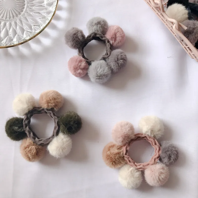 

New Arrival Women Girls Colorful Elastic Hair Band Artificial Rabbit Pompom Ball Hair Rope Hairband Women Hair Accessories