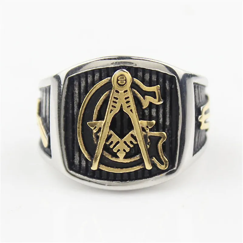 Мужское серебристое кольцо Freemason золотистое из нержавеющей стали 316L масонское |