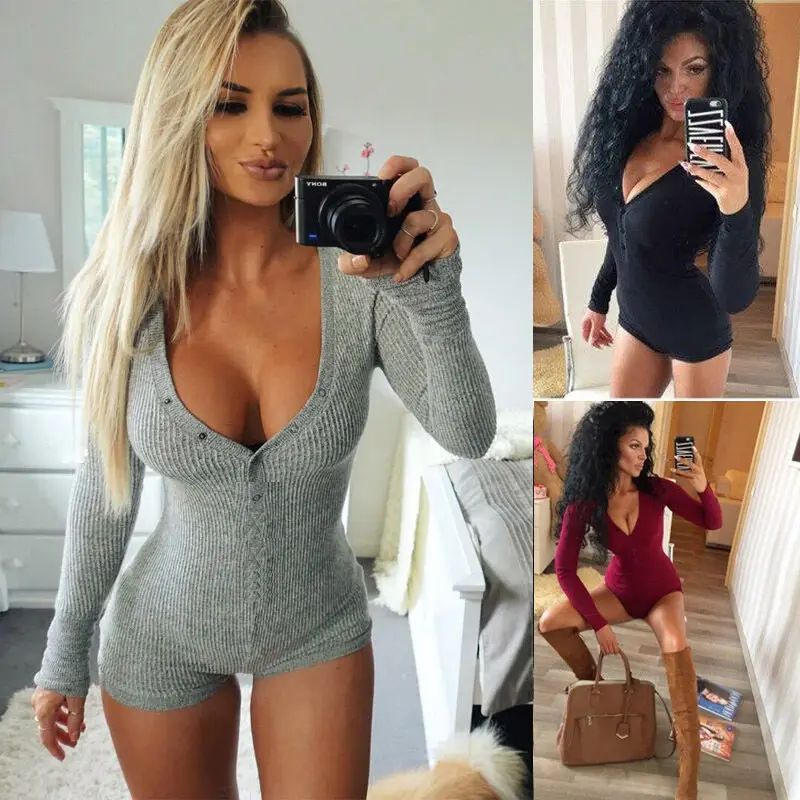 

2019 Newest Fashion Women's V Neck Knitted Bodysuit Long Sleeve Romper Hot Sale Jumpsuit Leotard Top