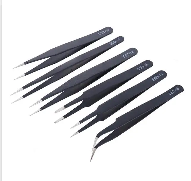 6Pcs 6 шт. антистатические промышленные пинцеты из нержавеющей стали, набор инструментов для ремонта и обслуживания, антистатические модели, ручной инструмент - Тип головки пинцета: 6Pcs