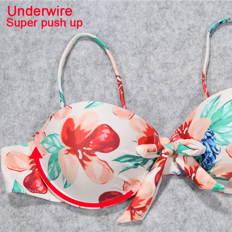 2019 цветочный женский комплект бикини с милым бантом Бандо пуш ап на косточках топ
