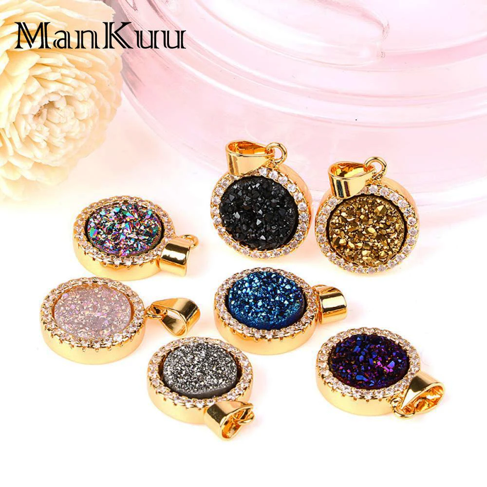 Mankuu Round Opal Druzy Pendant Charms Gold Plating Rainbow Crystal Natural Stone Pendants DIY Jewelry Making Accessories | Украшения и