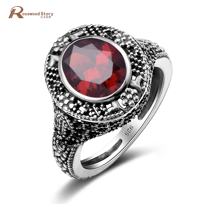 

Luxury Real 925 Sterling Silver Cocktail Rings for Women Patterns Vintage Garnet Stone Ring Wedding Engagement Rose Fine Jewelry