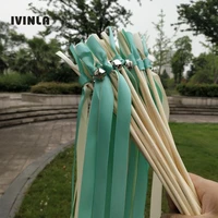 50pcslot green and cream wedding wands ribbon with sliver bell for wedding party