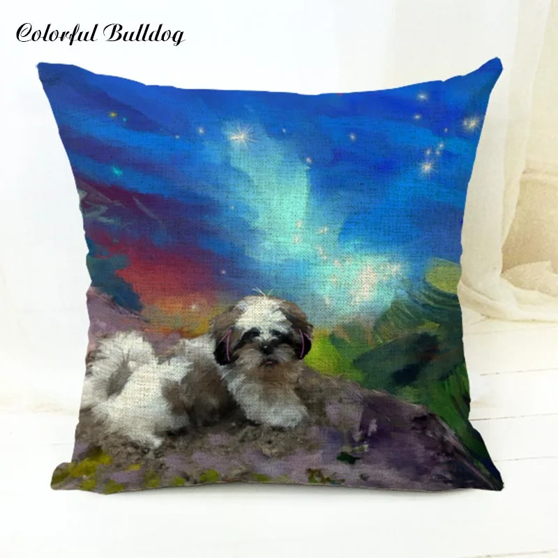 5 Милая мультяшная собачка, картина маслом, Shih Tzu, Наволочка на подушку, 17 дюймов, льняная декоративная домашняя подушка для сиденья автомобиля, осенняя подушка для леса - Цвет: 5